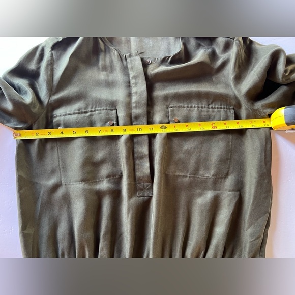 VINCE army green tab sleeve elastic waist silky shirt tunic dress szL officecore - Picture 10 of 10